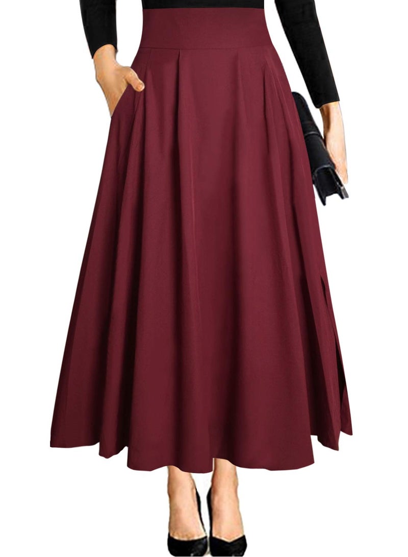 RANPHEE Long Skirts for Women Trendy 2026 Spring Fashion Burgundy Flowy Dressy Casual Maxi Pleated High Waist Maroon Flattering Skirt to Hide Tummy M - Image 1